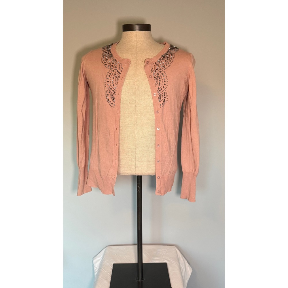 Old Navy Pink Beaded Cardigan Cotton Womens M Embellished Y2K Preppy